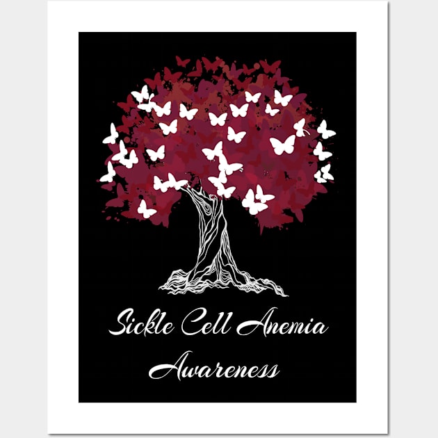 Sickle Cell Anemia Awareness Red Ribbon Tree With Butterflies Wall Art by MerchAndrey